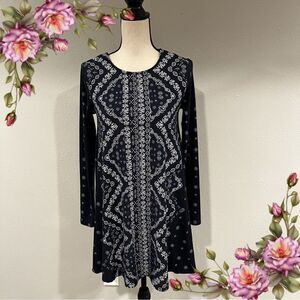 Geometrical floral print long sleeve navy tunic / mini dress